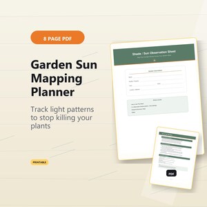 Puede incluir: Un planificador digital de mapeo solar de jardín, un PDF de 8 páginas, que se muestra en una tableta y un dispositivo más pequeño. El planificador ayuda a rastrear los patrones de luz para dejar de matar las plantas. El texto "Shade / Sun Observation Sheet" y "Printable".