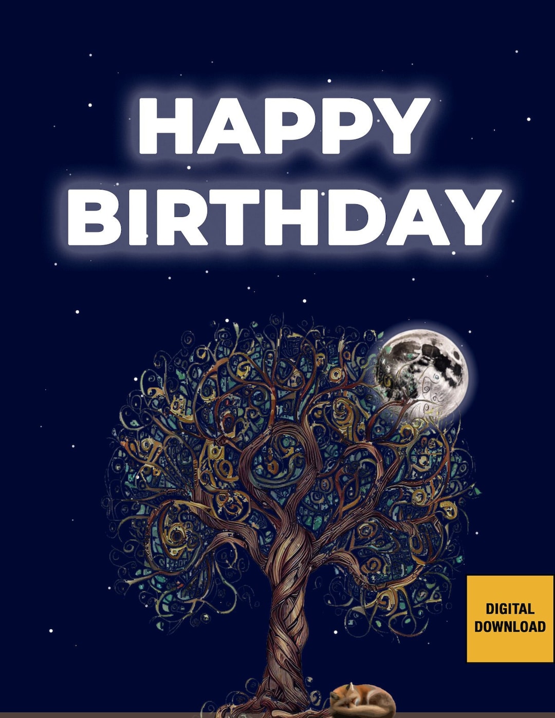 Digital Birthday Card Happy Birthday Stars Night Sky Tree Etsy