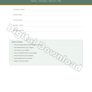 以下が含まれることがあります： 緑色のヘッダーが付いた、印刷可能な除湿機メンテナンストラッカー。ユニットの詳細、クリーニング、コイルチェック、ドレンライン、フィルターメンテナンスのセクションが含まれています。「Digital Download Only」のテキストが表示されます。
