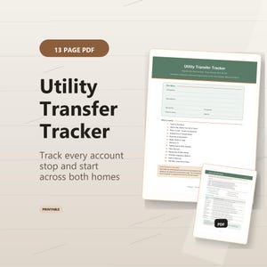 Puede incluir: Un documento imprimible Utility Transfer Tracker en formato PDF de 13 páginas. El diseño presenta un encabezado verde con el texto Utility Transfer Tracker, una lista de 13 secciones y campos para direcciones y detalles de cuenta para gestionar servicios.