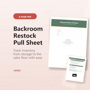 May include: An 8-page PDF document titled Backroom Restock Pull Sheet. The document features a green header, fields for business name, location, manager, and date, and a section detailing the contents including pull sheet pages and notes.