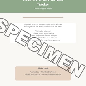 Puede incluir: Una descarga digital titulada "Returns & Exchanges Tracker" con el subtítulo "Online Shopping Helper". El documento incluye secciones para registros de compras, plazos de devolución y seguimiento de envíos. El texto también menciona confirmaciones de reembolso.