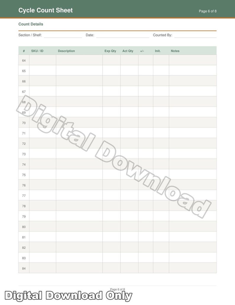 Printable Cycle Count Sheet | Inventory Management Log | Warehouse ...