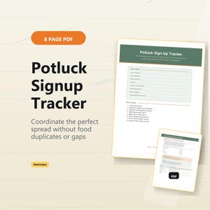 以下が含まれることがあります： 8ページのPDF Potluck Signup Trackerドキュメント。緑色のヘッダー、イベント詳細セクション、コンテンツリストが含まれています。テキストには、Potluck Signup Tracker、Coordinate the perfect spread without food duplicates or gaps、Printableが含まれています。