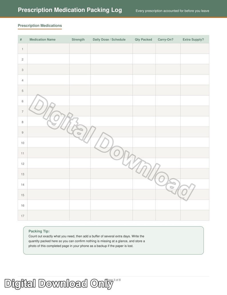 File Header Medication Travel Medication Packing Log | Printable Prescription Tracker for ...