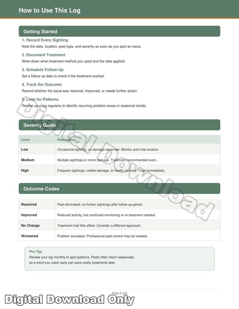 Pest Insight Log Pest Sighting and Treatment Log | Printable Pest Control Tracker for ...