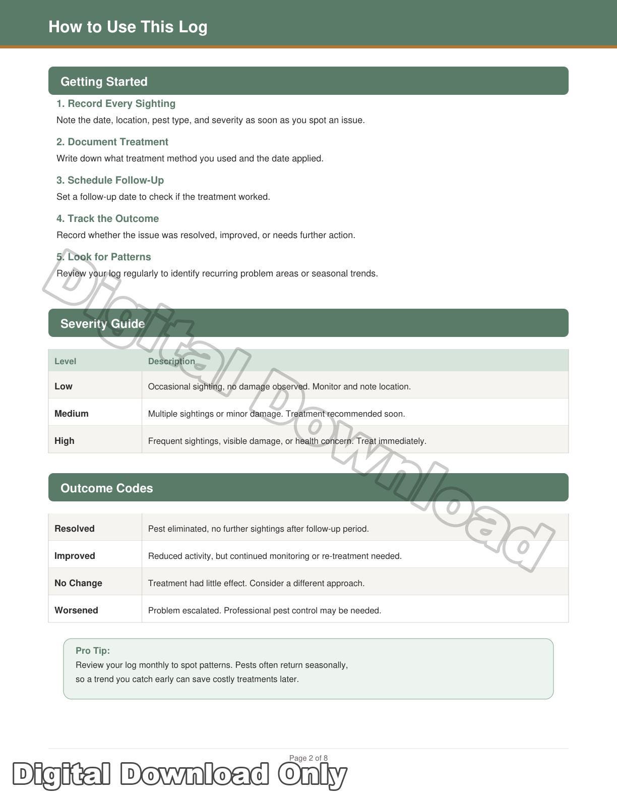 Pest Sighting and Treatment Log | Printable Pest Control Tracker for ...