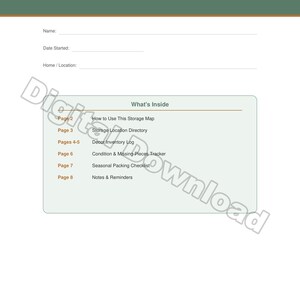 May include: A digital download document titled "Seasonal Decor Storage Map." The document includes sections for name, date started, and home/location. It also lists the contents, such as a storage location directory, inventory log, and packing checklist.