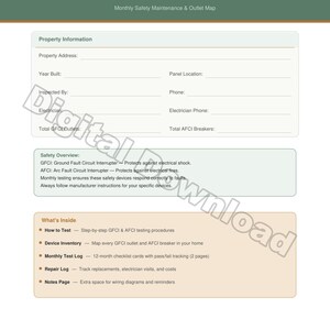Puede incluir: Una descarga digital titulada "GFCI / AFCI Test Tracker". El documento incluye secciones para información de la propiedad, descripciones generales de seguridad y procedimientos de prueba. También presenta un inventario de dispositivos, un registro de pruebas mensual, un registro de reparaciones y una página de notas.