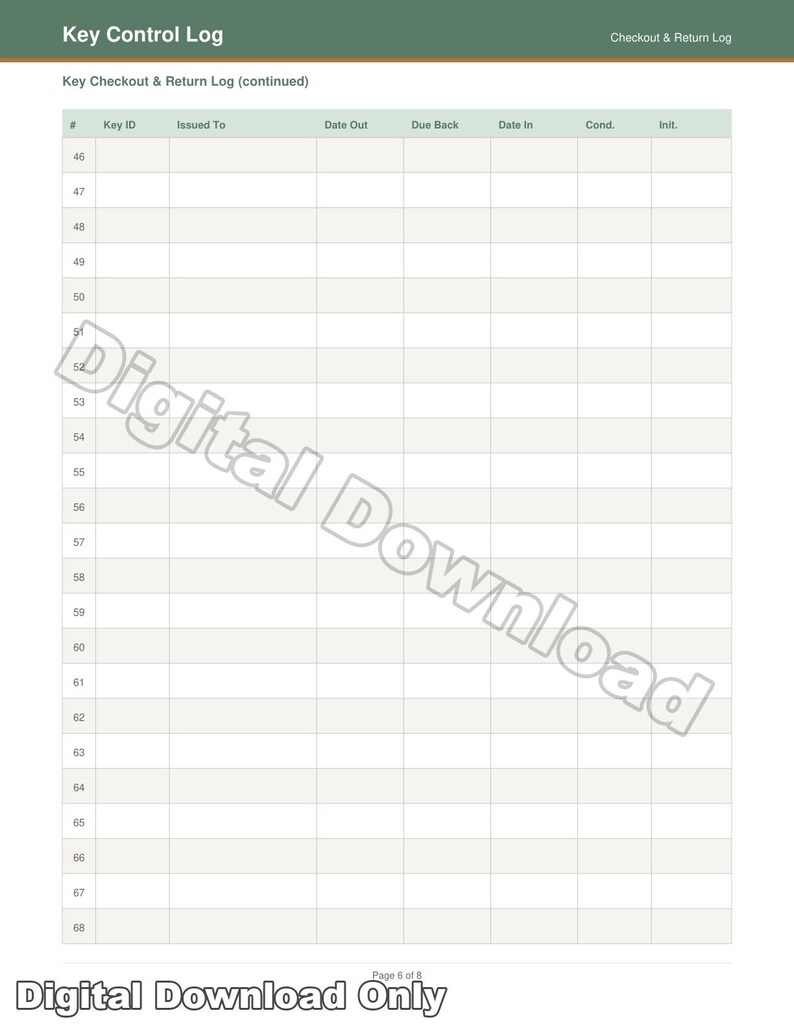 Key Control Log Printable | Professional Key Tracker for Business ...