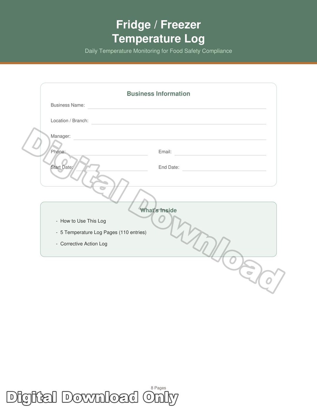 Fridge Freezer Temperature Log PDF | Food Safety Monitoring Sheet for ...