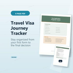 以下が含まれることがあります： 「Travel Visa Journey Tracker」というタイトルのデジタル印刷可能なドキュメント。テキストは「最初のフォームから最終決定まで整理整頓」です。このドキュメントには「Visa Application Progress Tracker」が含まれており、8ページのPDFです。