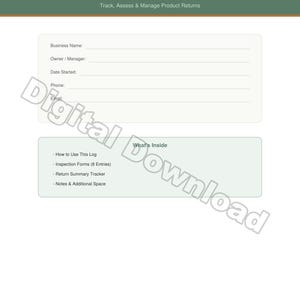 May include: A digital document labelled "Returned Item Inspection Log" with sections for business details and a list of contents, including inspection forms and a return summary tracker. The document is marked "Digital Download Only."