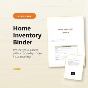May include: A digital home inventory binder with the text "Home Inventory Binder" and "Protect your assets with a room-by-room insurance log." The image includes a tablet and a binder with a household information form.