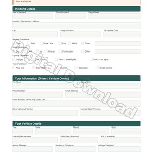 Auto Accident Information Sheet | Emergency Car Incident Report Form | Vehicle Glove Box Document | Printable PDF Accident Log | 5 Pages