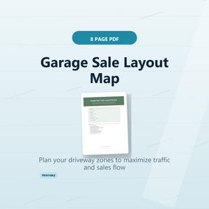 May include: An 8 page PDF digital download titled Garage Sale Layout Map. The document features a Garage Sale Table Layout Planner with a green header and a list of zones to plan driveway traffic and sales flow. The design is printable and clean.