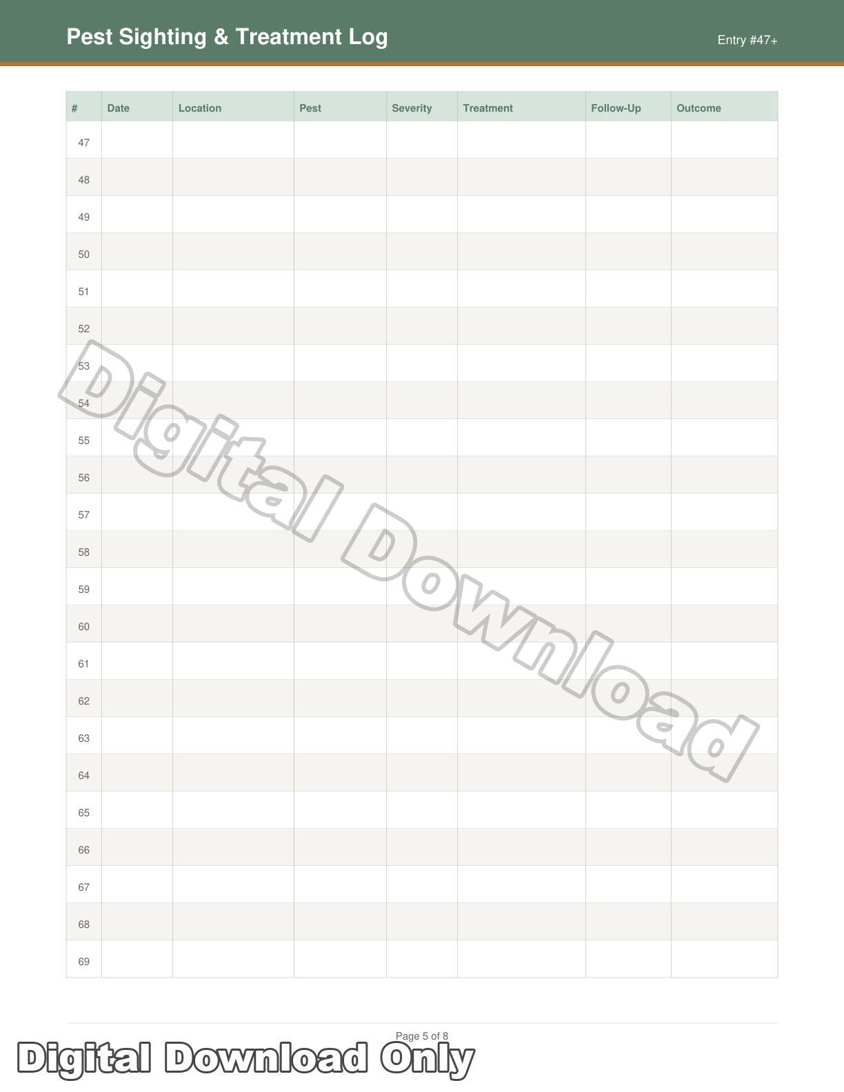 Pest Sighting and Treatment Log | Printable Pest Control Tracker for ...
