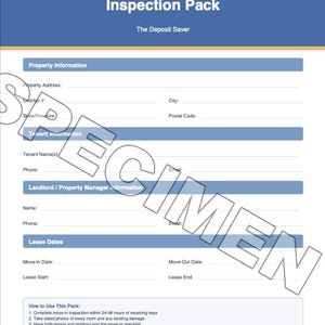 May include: A blue and white Move-In/Move-Out Inspection Pack, with the text "The Deposit Saver." The document includes sections for property, tenant, and landlord information, along with lease dates and instructions. The words "Digital Download Only" are at the bottom.