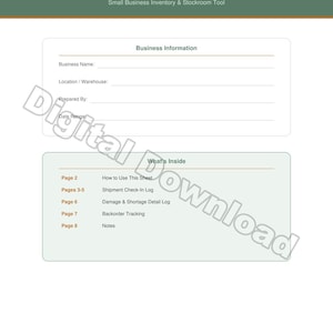 Small Business Sendung Check-In Log | Wareneingangsblatt & Schadensverfolgung | Druckbare PDF zum Lagerbestand | 8 Seiten