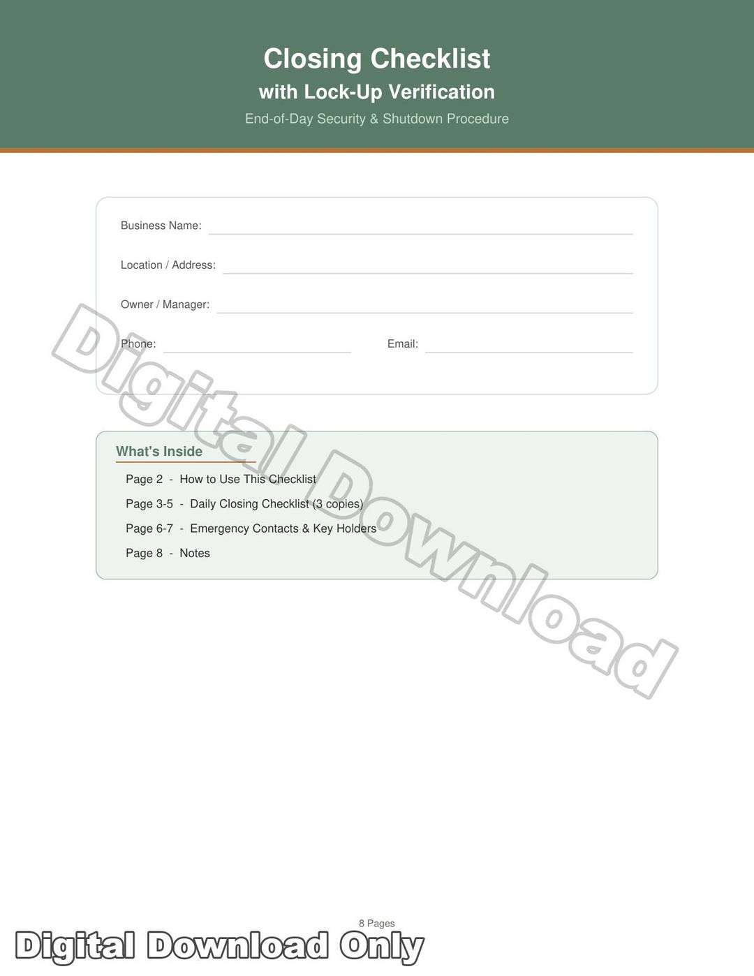 Business Closing Checklist & Security Lock-up Verification | Printable ...