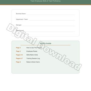 May include: A digital document titled "Cross-Training Progress Tracker." The document includes fields for business name, department, manager, and date. It lists the contents: How to Use This Tracker, Employee Roster, Skills Matrix Grids, Training Session Log, and Notes.