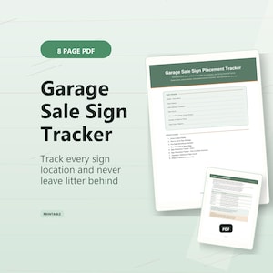 以下が含まれることがあります： 8ページの印刷可能なPDF「Garage Sale Sign Placement Tracker」。ダークグリーンのヘッダー、販売詳細セクション、看板の配置戦略や追跡リストを含む目次が記載されています。