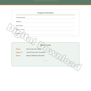 Può includere: Un download digitale intitolato "Lost & Found Tracker" per gli host Airbnb. Il documento include sezioni per le informazioni sulla proprietà, un registro degli oggetti smarriti e ritrovati e note aggiuntive. Il documento è di 8 pagine.