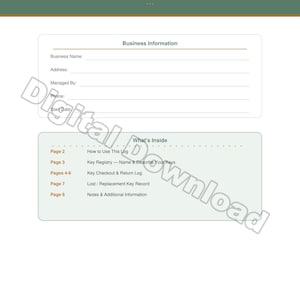May include: A digital download of a key control log. The top of the document has the title "Key Control Log" and "Track Key Assignments, Checkouts & Returns". The document includes sections for business information and key tracking.