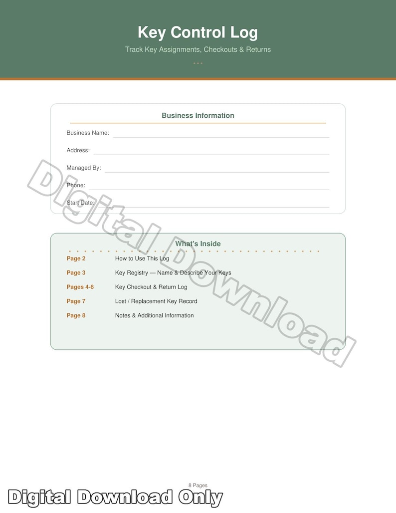 Key Control Log Printable | Professional Key Tracker for Business ...