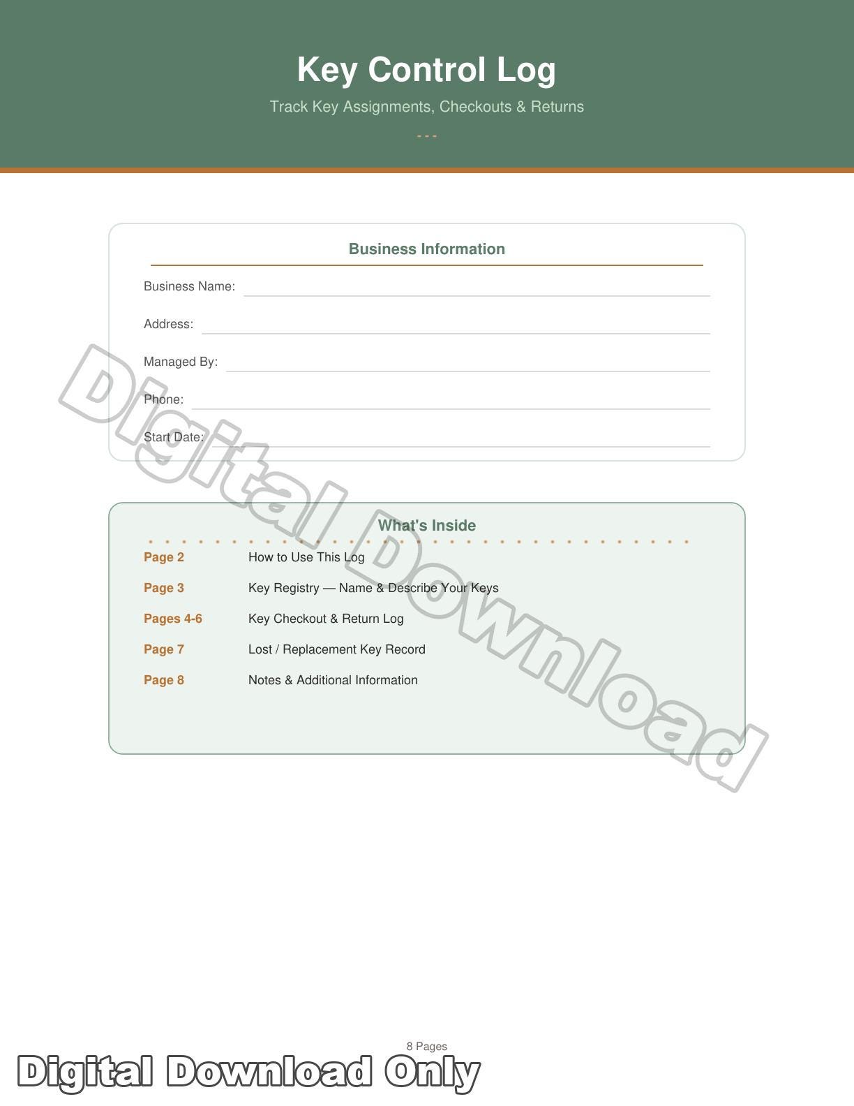 Key Control Log Printable | Professional Key Tracker for Business ...
