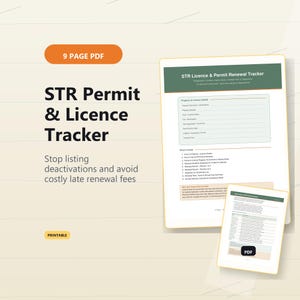 Op de afbeelding: Een 9-pagina tellend PDF-document STR Permit & Licence Tracker. De tekst luidt STR Permit & Licence Tracker, Stop listing deactivations and avoid costly late renewal fees en STR Licence & Permit Renewal Tracker met invulvelden.