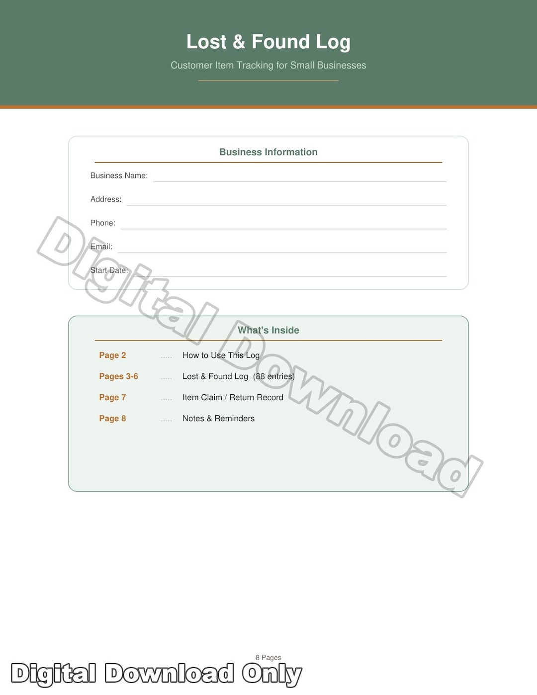 Lost and Found Log Printable | Small Business Item Tracking Sheet ...