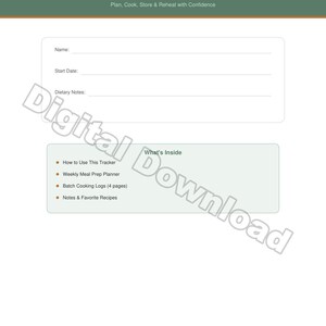 Puede incluir: Un rastreador digital de preparación y porciones de comidas con un encabezado verde. El título dice "Meal Prep Batch & Portion Tracker". Incluye secciones para el nombre, la fecha de inicio, las notas dietéticas y una lista de funciones incluidas. Las palabras "Digital Download Only" están en la parte inferior.