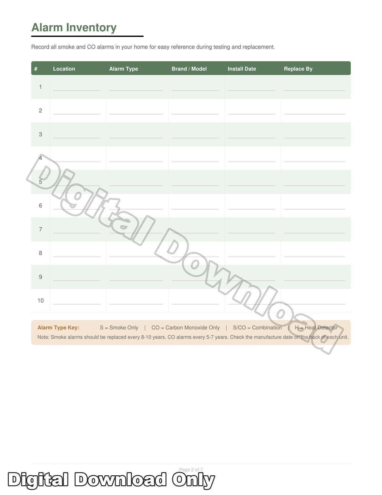 Smoke and Carbon Monoxide Alarm Test Log | Home Safety Maintenance ...