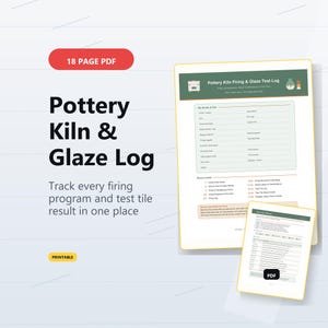 Op de afbeelding: Een 18-pagina tellend PDF-document getiteld Pottery Kiln & Glaze Log. Het bevat een groene koptekst met iconen van een oven en vaas, secties voor ateliergegevens, bakprogramma's en testtegelresultaten, plus een kleinere pagina met instructies.