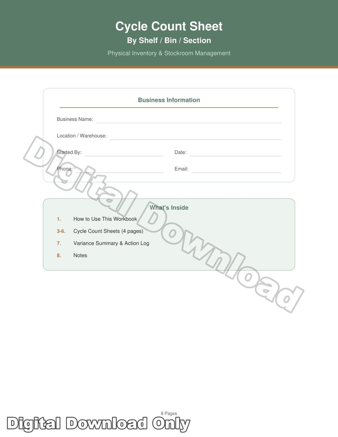 Printable Cycle Count Sheet | Inventory Management Log | Warehouse ...