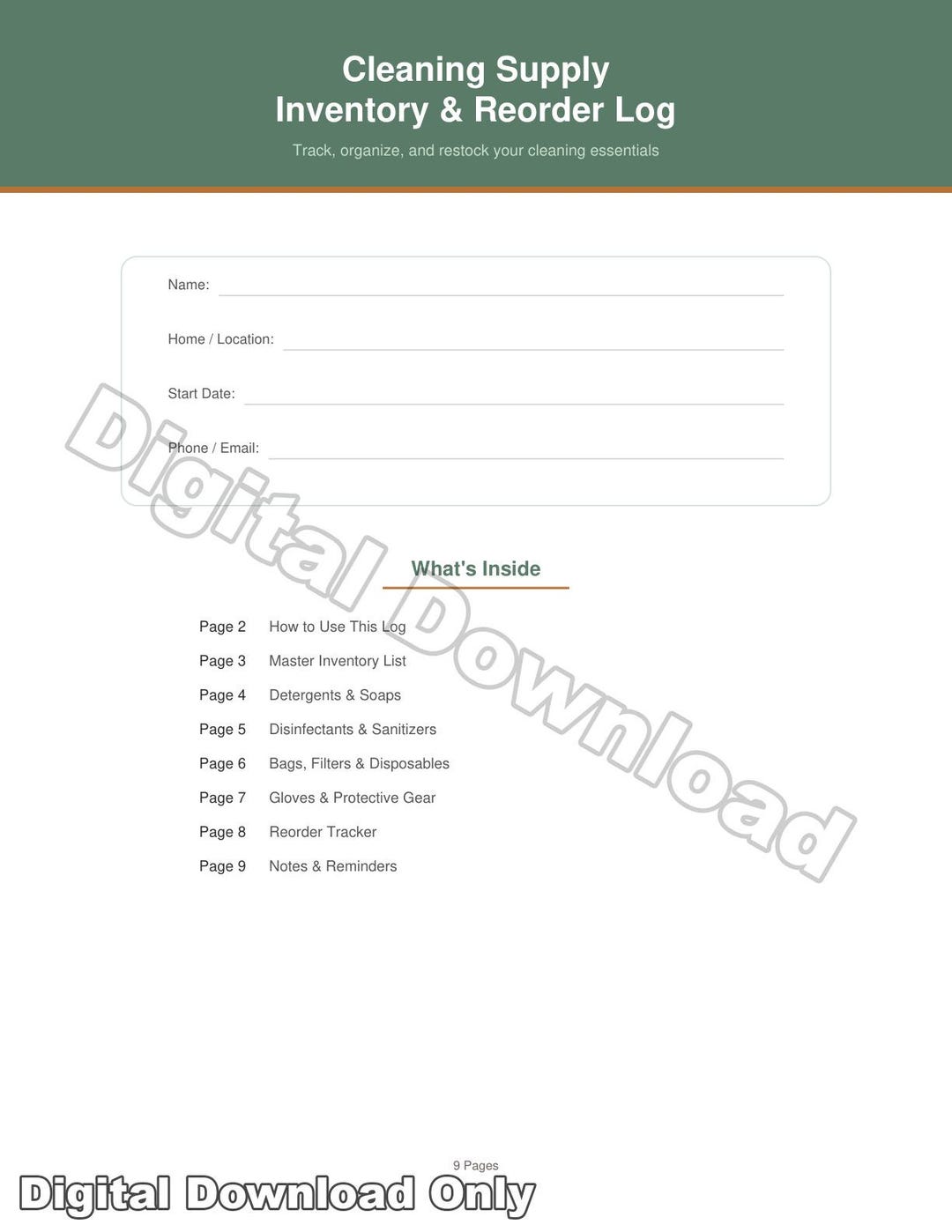 Cleaning Supply Inventory & Reorder Log | Printable Housekeeping ...