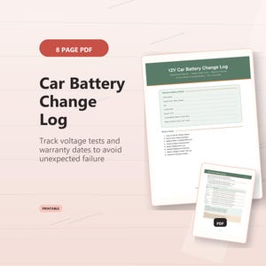Könnte beinhalten: Ein 8-seitiges PDF-Dokument als ausdruckbares Protokoll für den Autobatteriewechsel. Der Text lautet: Car Battery Change Log, Track voltage tests and warranty dates to avoid unexpected failure, 12V Car Battery Change Log, Vehicle & Battery Details.