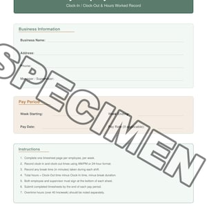 May include: A digital download of a weekly employee timesheet template. The green and white document includes fields for business information, pay period details, and instructions for completion. The text "Digital Download Only" is at the bottom.
