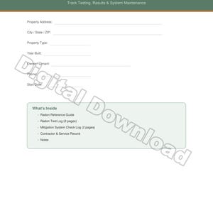 Radon Test and Mitigation Record Tracker | 8 Page Printable Home Safety Log | Radon Test Results & System Maintenance Guide | PDF Download
