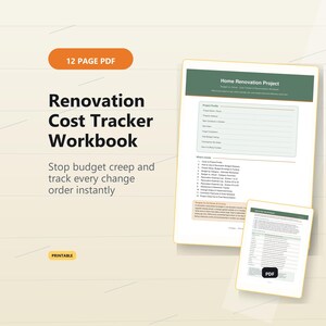 May include: A 12-page PDF renovation cost tracker workbook featuring a green and white layout. The document includes a project profile section, a list of contents, and a budget tracking table. The text reads Renovation Cost Tracker Workbook.