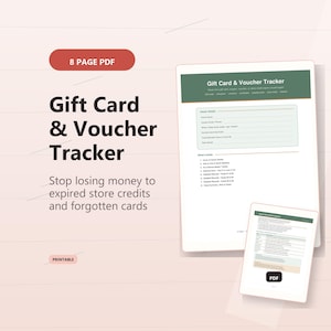 May include: An 8-page PDF gift card and voucher tracker printable document. The design features a dark green header with the text Gift Card & Voucher Tracker, followed by sections for owner details and a list of contents including a master tracker.