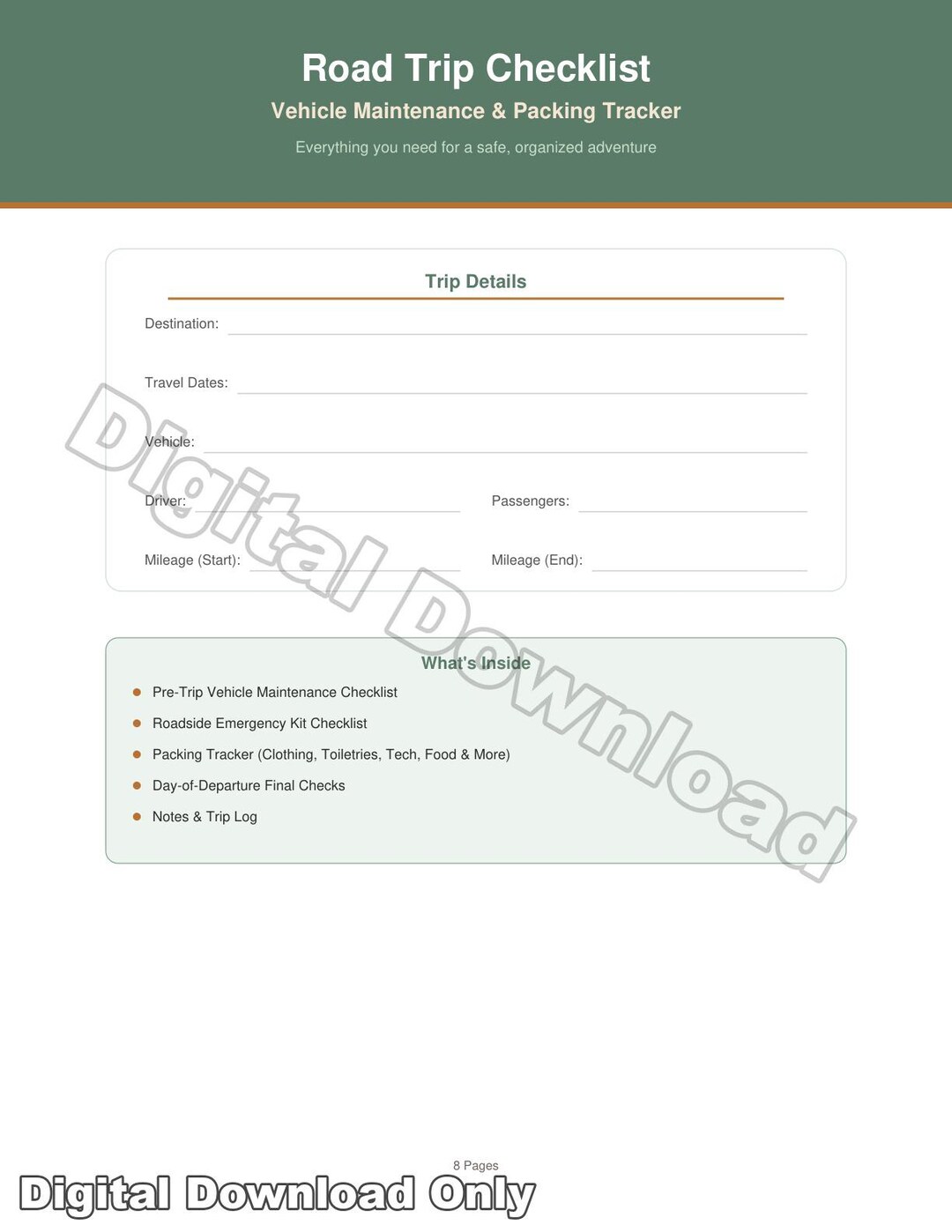 Ultimate Road Trip Checklist and Vehicle Maintenance Tracker | 8-page ...