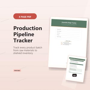 Könnte beinhalten: Ein 8-seitiges, druckbares PDF-Dokument zur Verfolgung der Produktionspipeline. Der Text lautet Production Pipeline Tracker, Track every product batch from raw materials to shelved inventory und Assembly Stage Tracker mit Eingabefeldern.