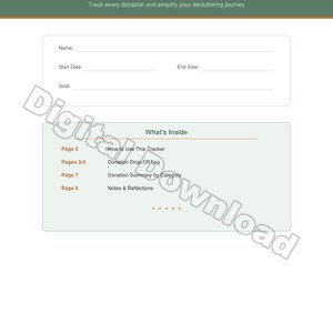 May include: A digital download titled "Declutter Donation Drop-Off Tracker." The document includes sections for tracking donations, start and end dates, and a goal. It also features a "What's Inside" section, detailing the tracker's contents, including a donation log.