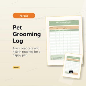 以下が含まれることがあります： PDF形式のペットグルーミングログテンプレート。Pet Grooming Logのテキスト、日付、タスク、タイプ、費用、メモの列がある追跡チャートが含まれています。緑色のヘッダーとオレンジ色のアクセントで構成されたレイアウトです。