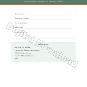 Product Testing & Trial Batch Log | Formula Tracker for Makers, Small Business Formulation Sheet, Batch Comparison and Cost Tracker