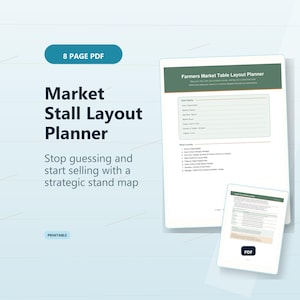 Peut inclure: Un document PDF de 8 pages Market Stall Layout Planner avec un en-tête vert portant le texte Farmers Market Table Layout Planner, un formulaire de détails de stand et une liste de contenu. Une page plus petite montre un guide stratégique.