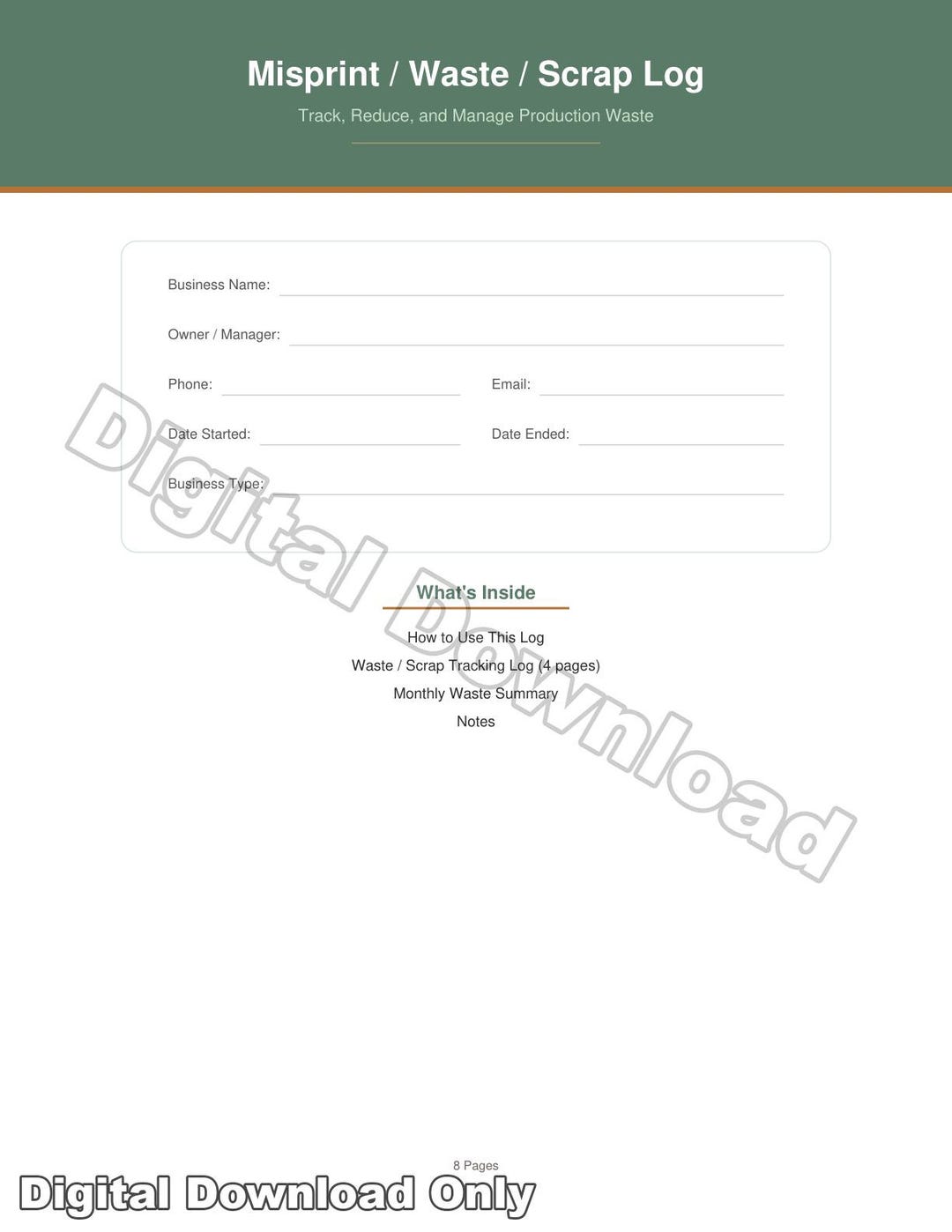 Scrap Tracking Production Printable Misprint & Waste Tracking Log | Production Scrap Tracker for ...