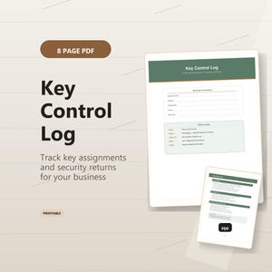 Könnte beinhalten: Ein 8-seitiges PDF-Dokument Key Control Log zur Nachverfolgung von Schlüsselzuweisungen und Rückgaben. Das Layout zeigt eine grüne Kopfzeile mit dem Text Key Control Log, Abschnitte für Geschäftsinformationen und eine Inhaltsübersicht.